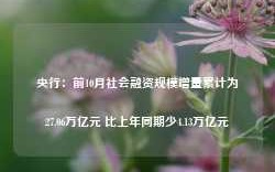 央行：前10月社会融资规模增量累计为27.06万亿元 比上年同期少4.13万亿元