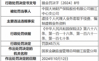 大地财险丽江中心支公司被罚45万元：虚挂个人代理人业务套取手续费、编制虚假业务资料