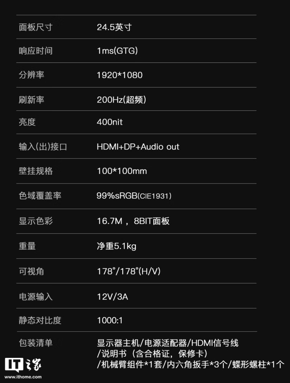 盛色“N50 Pro 5 机械臂版”24.5 英寸显示器首销：1080P 超频 200Hz，649 元-第5张图片-火锅网